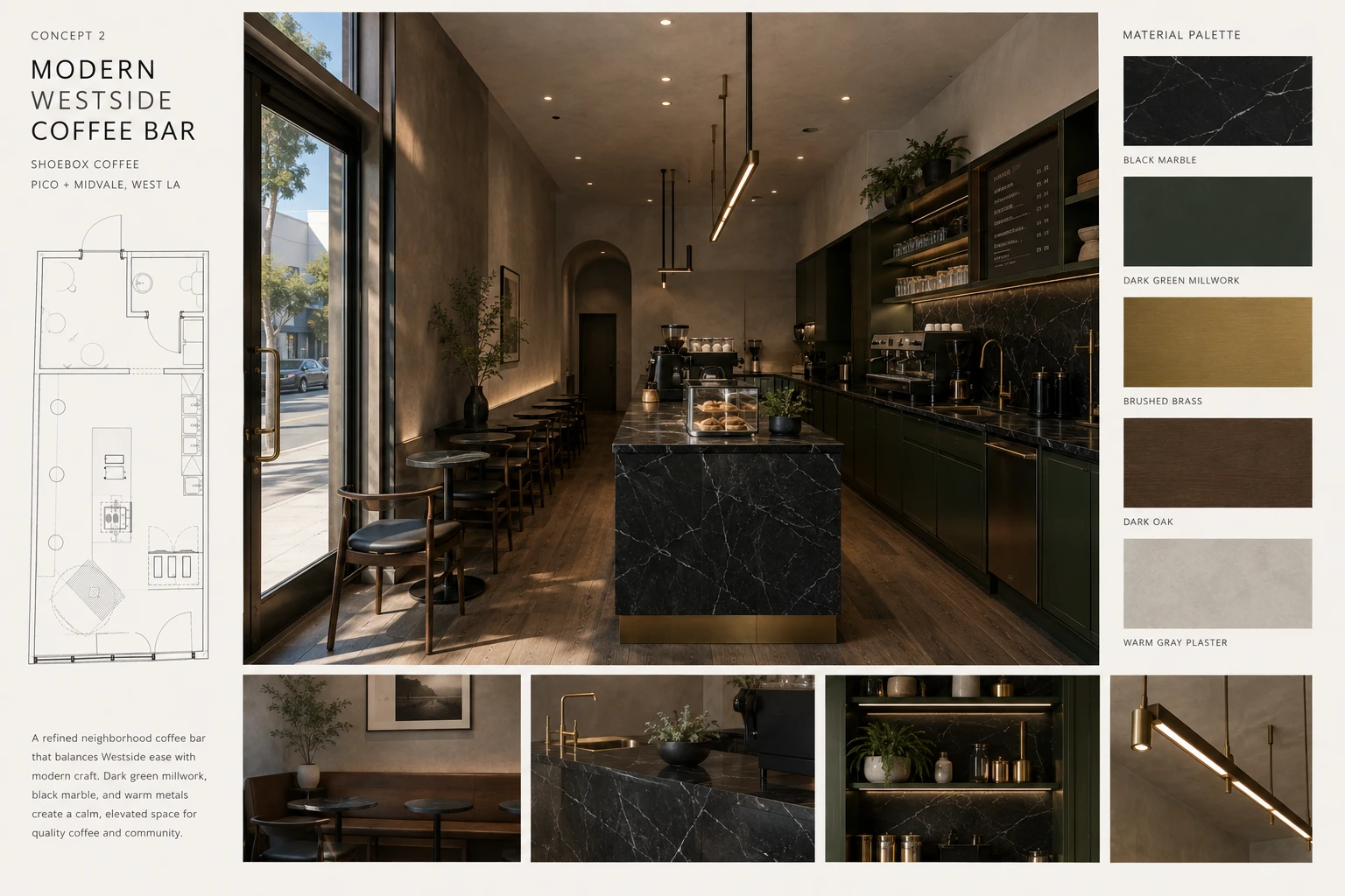 Shoebox Coffee concept, specialty coffee bar interior design